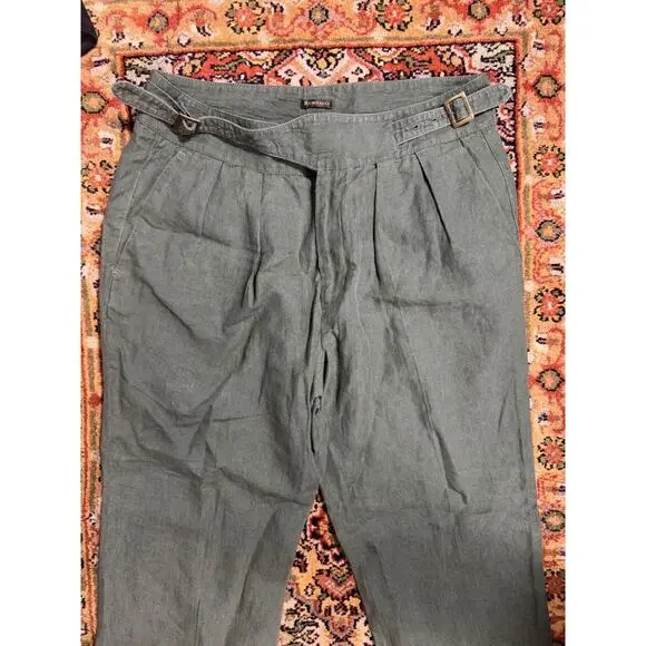 Rubinacci Manny Olive 100% Linen Ghurkha Trousers 48It Adjustable waist 32x28.5